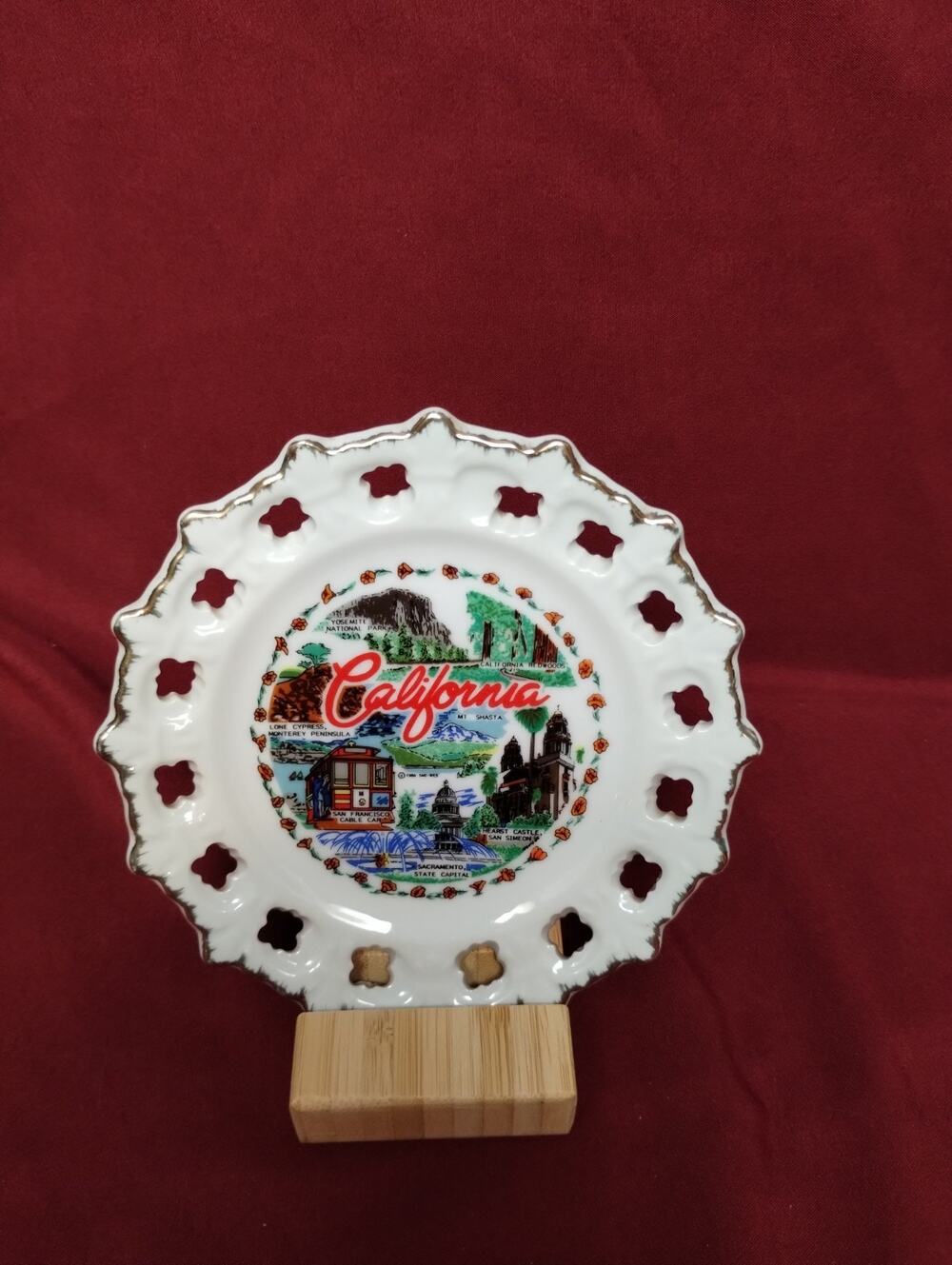 Vintage California State Souvenir Plate Reticulated Pierced Lace Edge Gold Trim